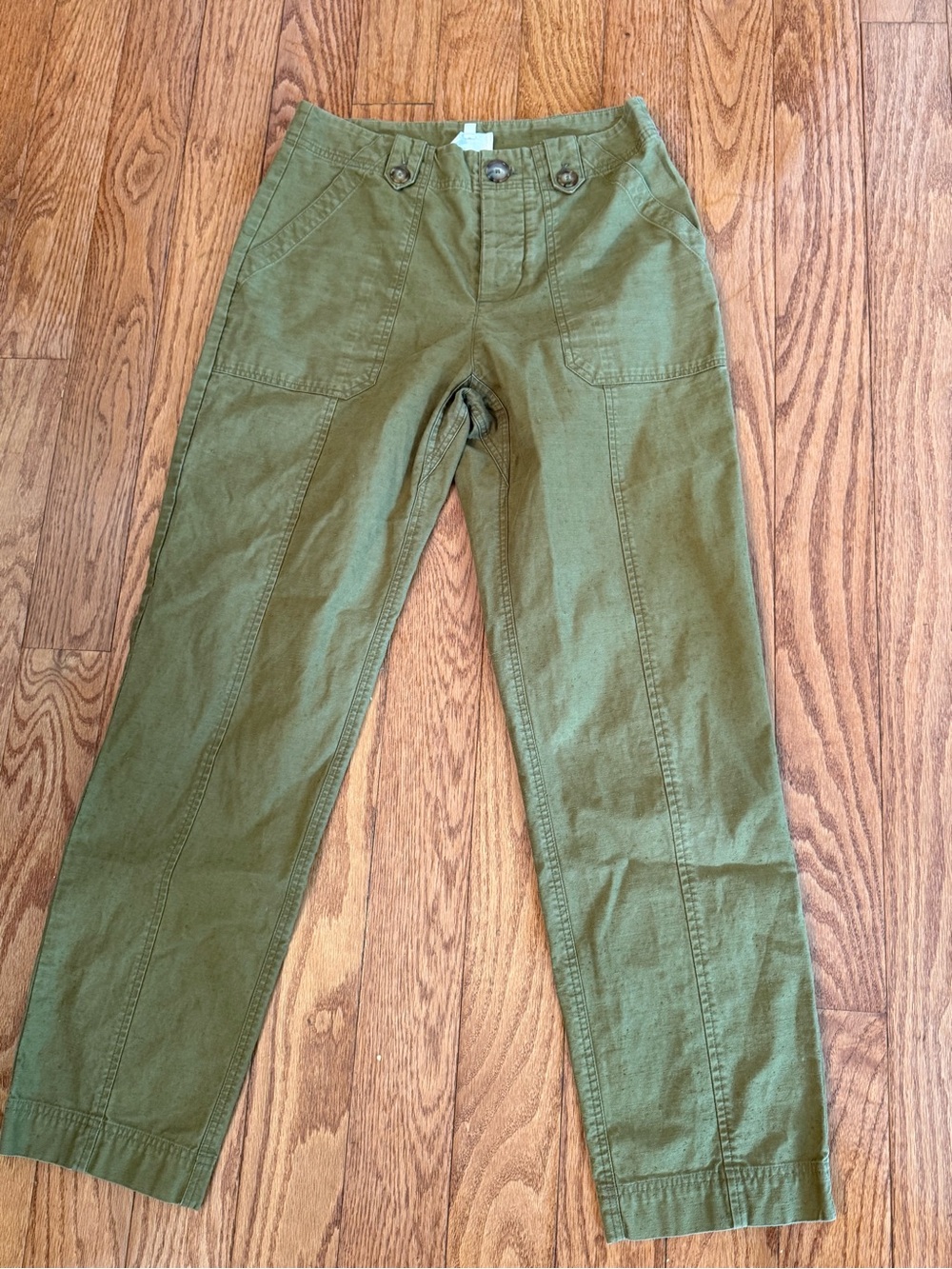 Sezane Olive Green Textured Straight Leg Pants Size 36 100% Cotton waist 26”
